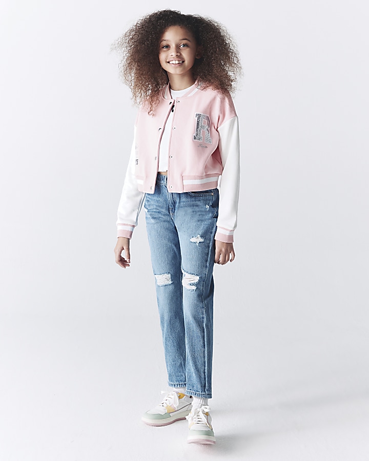 Girls pink varsity bomber jacket River Island