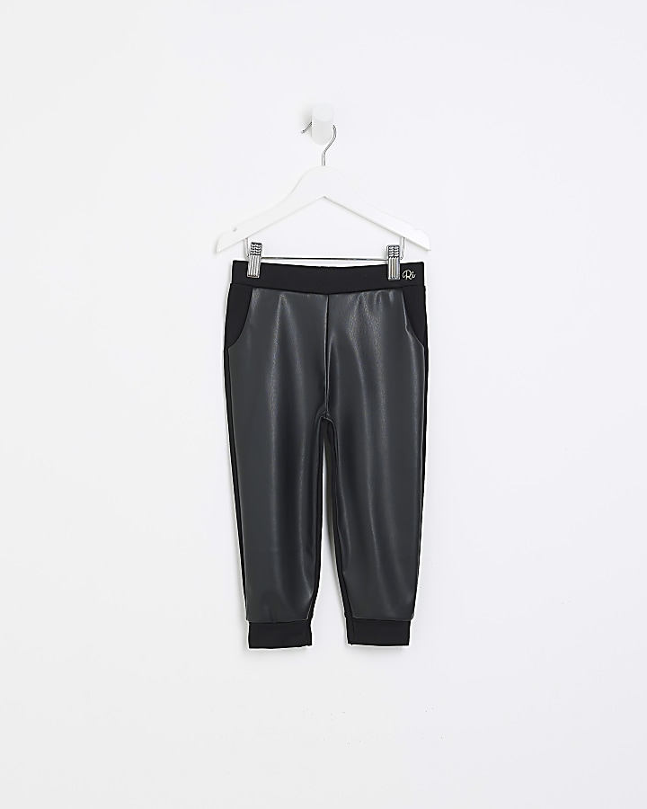 Mini girls black faux leather joggers