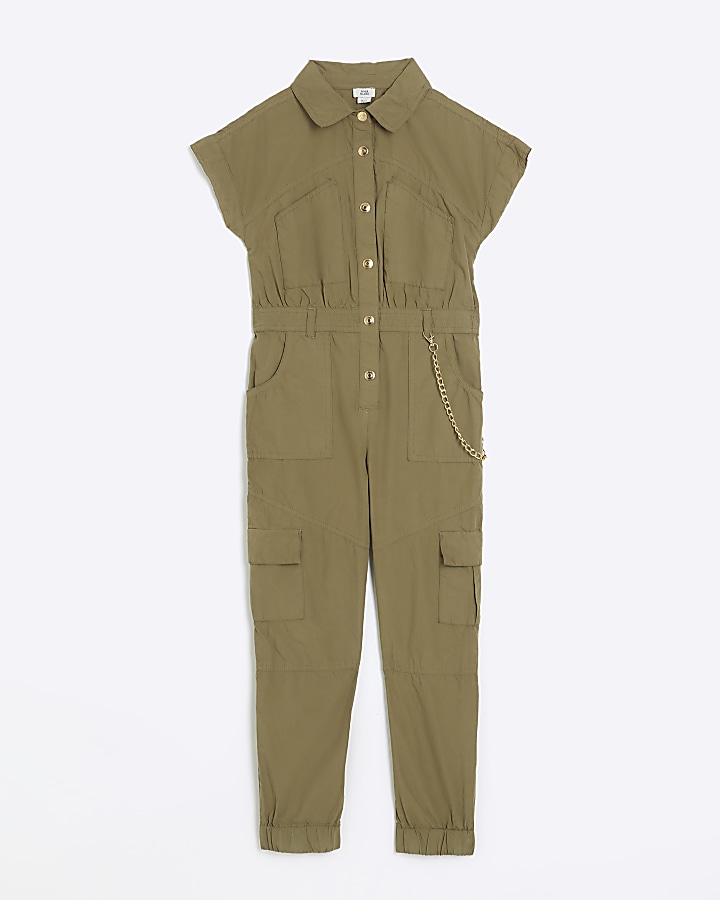 Girls khaki utility jumpsuit