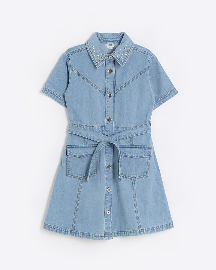 Girls blue denim embellished shirt dress River Island