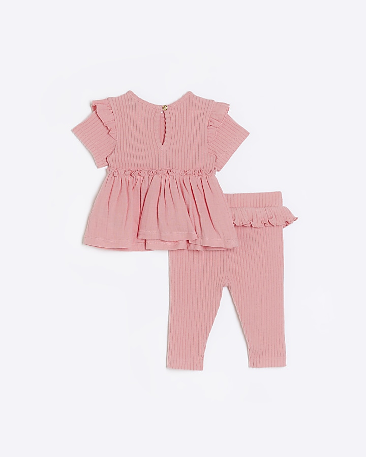 Baby girls pink ribbed peplum leggings set