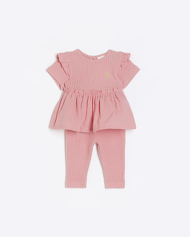 Baby girls pink ribbed peplum leggings set