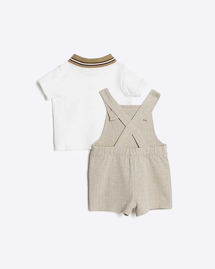 Baby boys stone dungarees and polo set