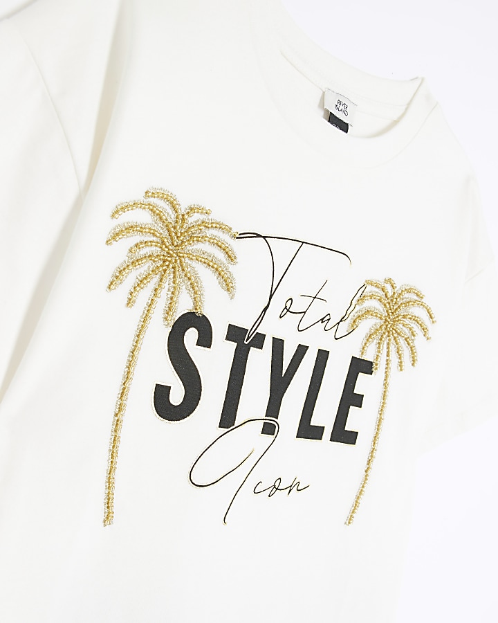 Girls cream palm graphic t-shirt set