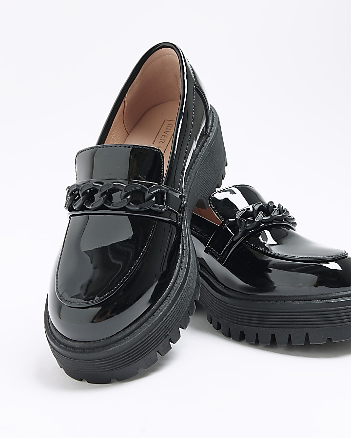 Girls black chain chunky loafers