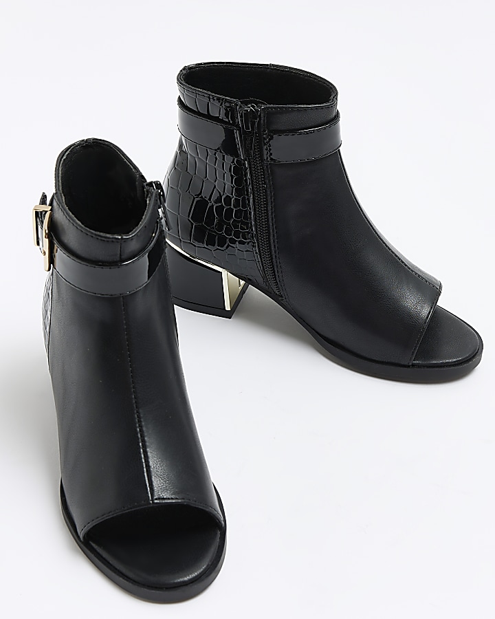 Girls black open toe heeled boots