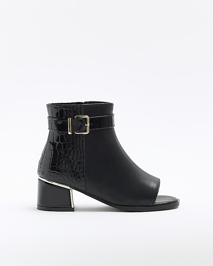 Girls black open toe heeled boots