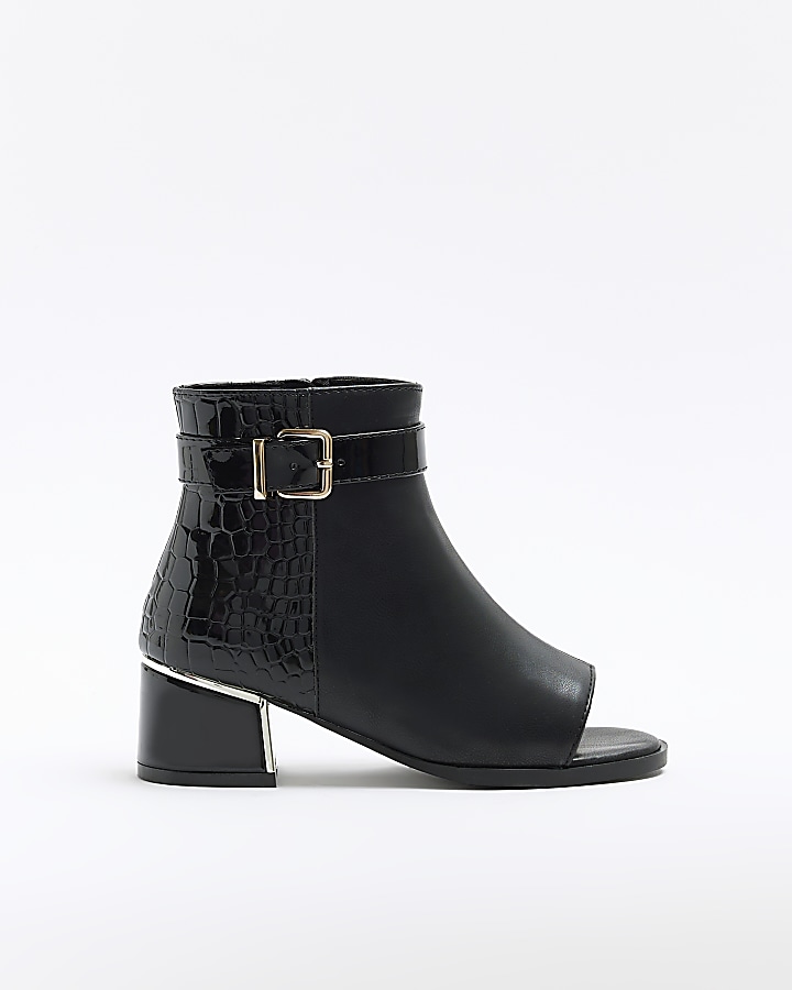 Girls black open toe heeled boots River Island