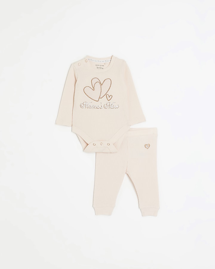Baby girls pink waffle top and trousers set