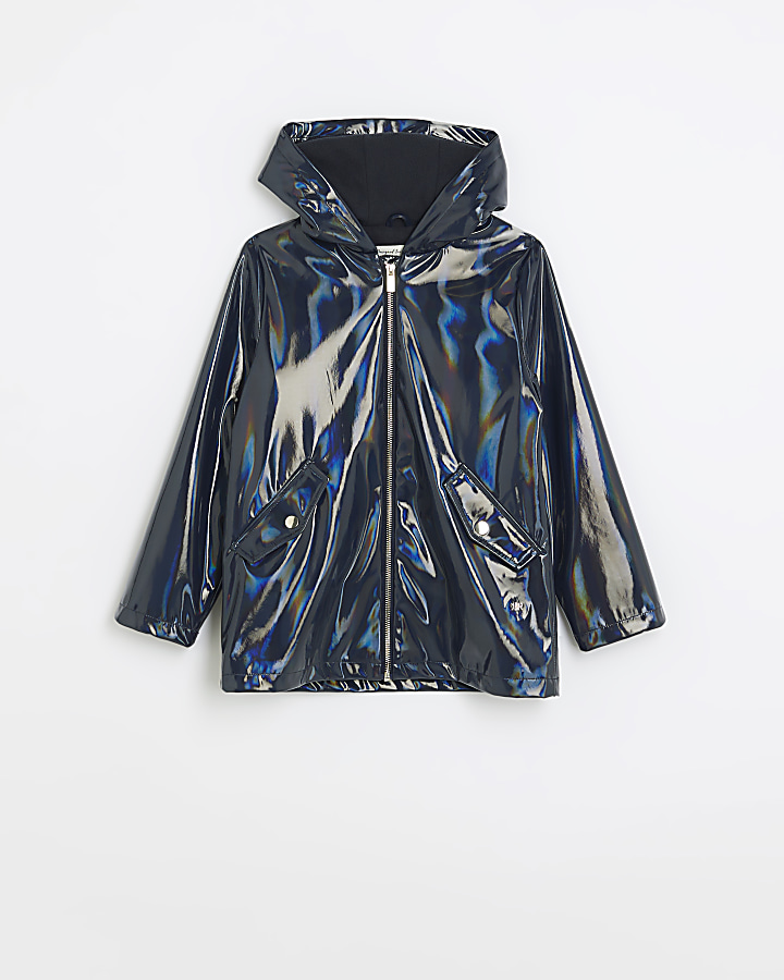 Girls navy hooded zip up rain coat