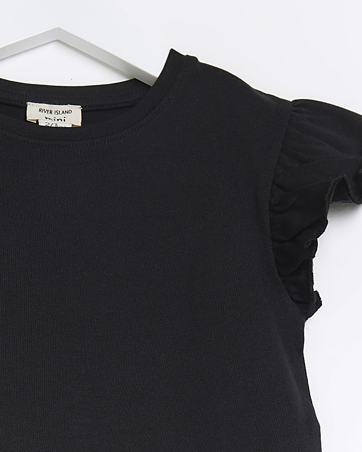 Mini girls black frill sleeve t-shirt