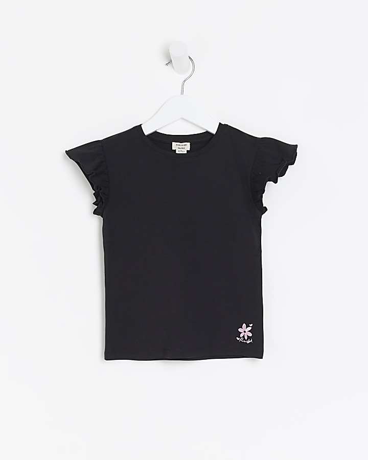Mini girls black frill sleeve t-shirt