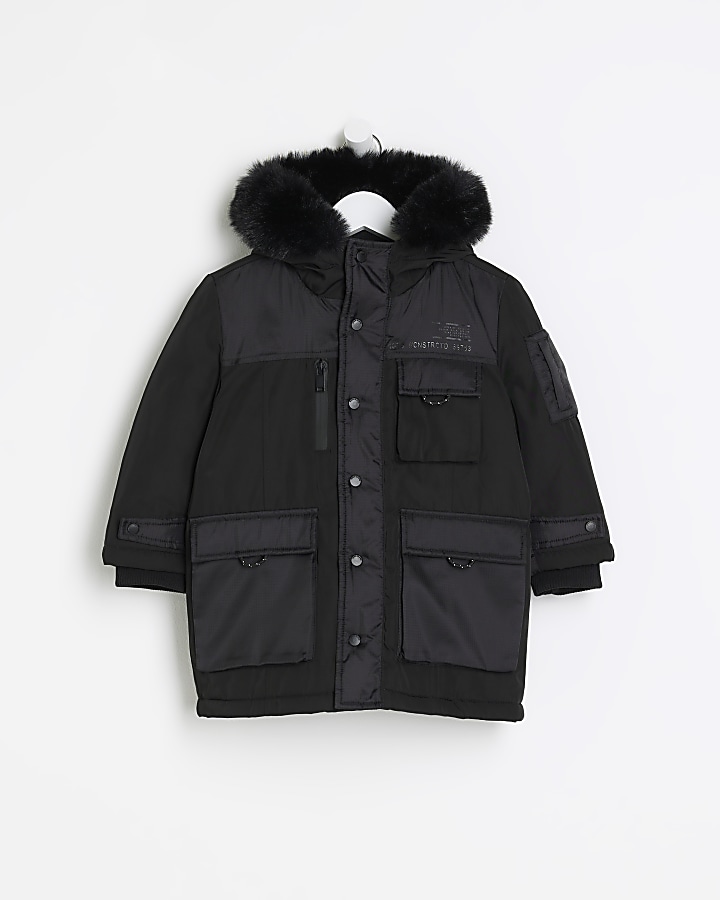 Mini boys black faux fur trim hooded jacket | River Island