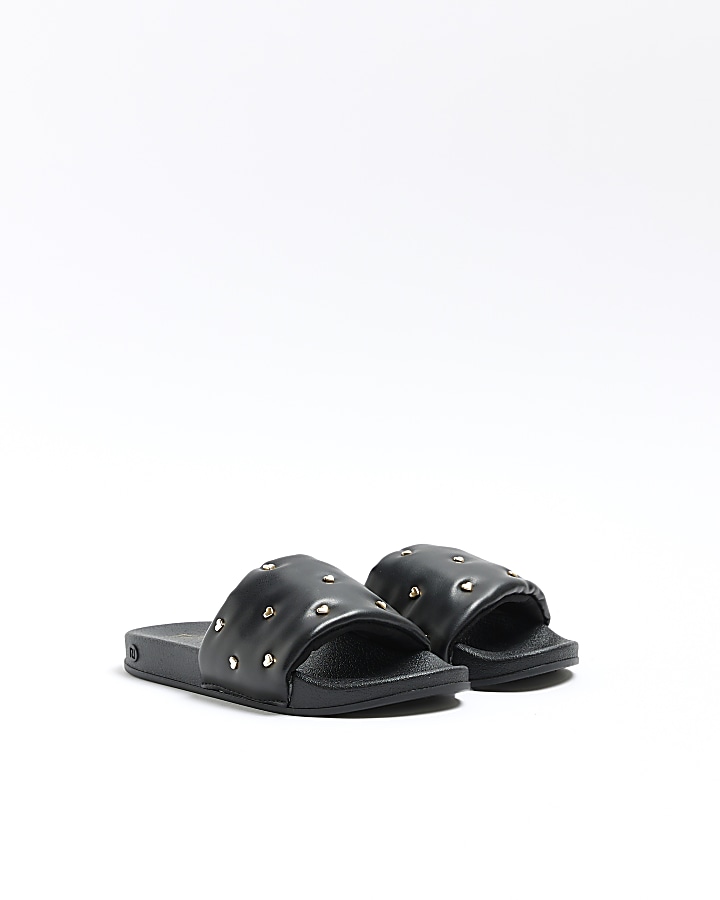 Girls Black Heart Quilted Sliders