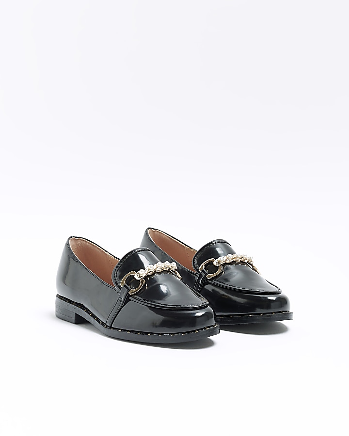 Girls black wide fit patent chain loafers