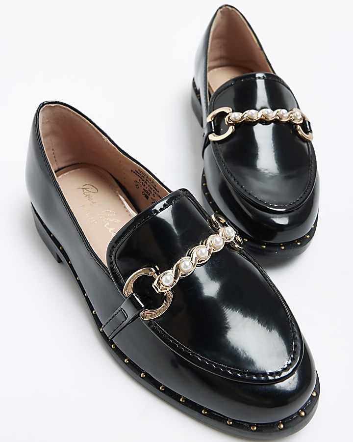 Girls black patent pearl chain detail loafers | River Island