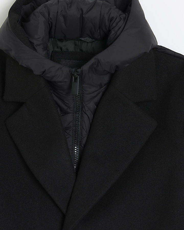 Boys black hybrid hooded wool coat