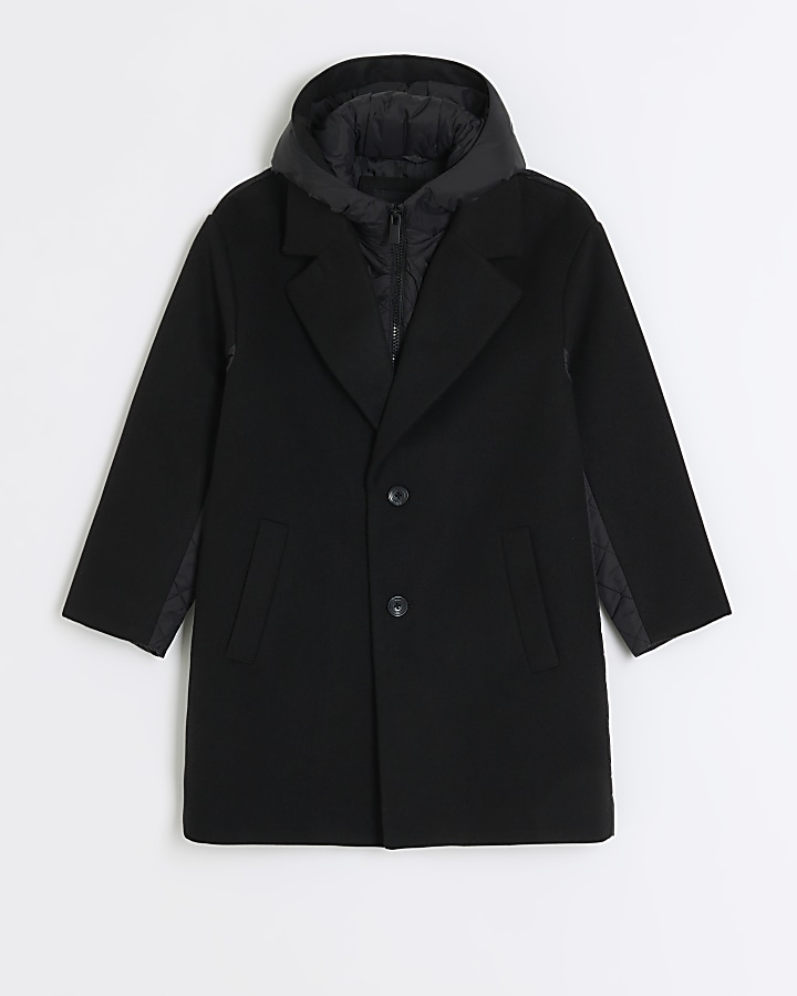 Boys black hybrid hooded wool coat