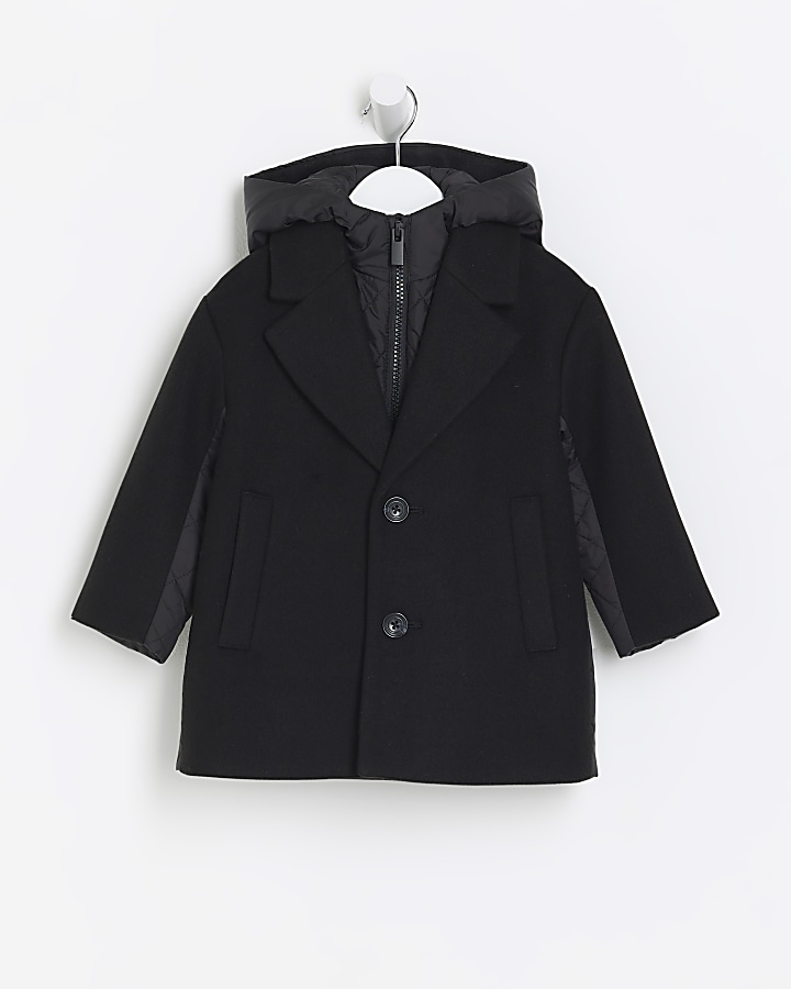Mini boys black wool blend coat