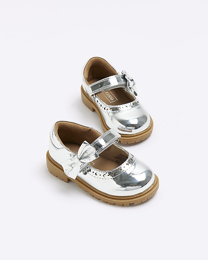 Mini girls silver bow mary jane shoes