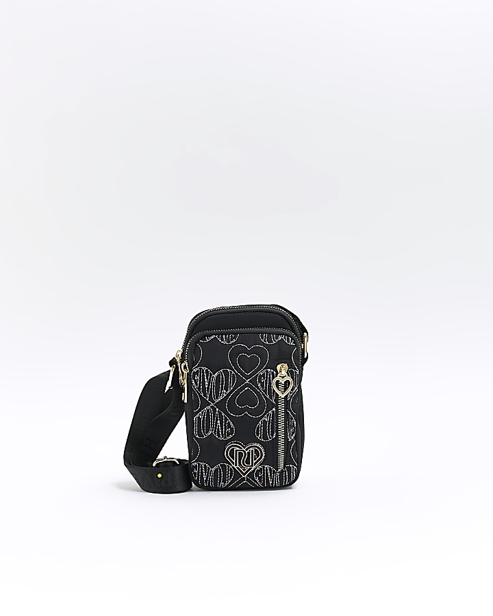 Girls black embroidered heart cross body bag