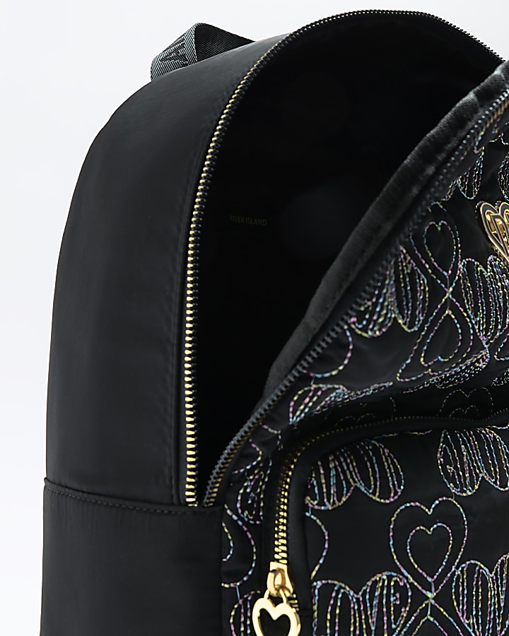 Girls black embroidered heart backpack