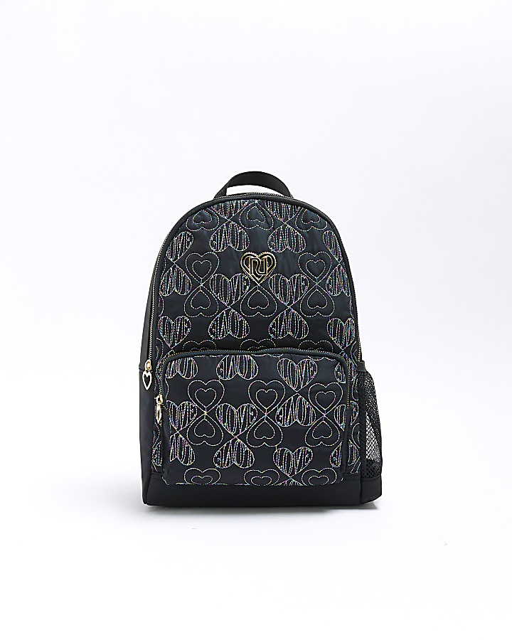 Girls black embroidered heart backpack | River Island