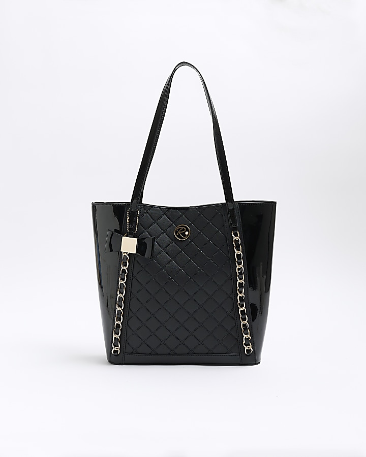 Girls black quilted chain detail shopper bag | River Island