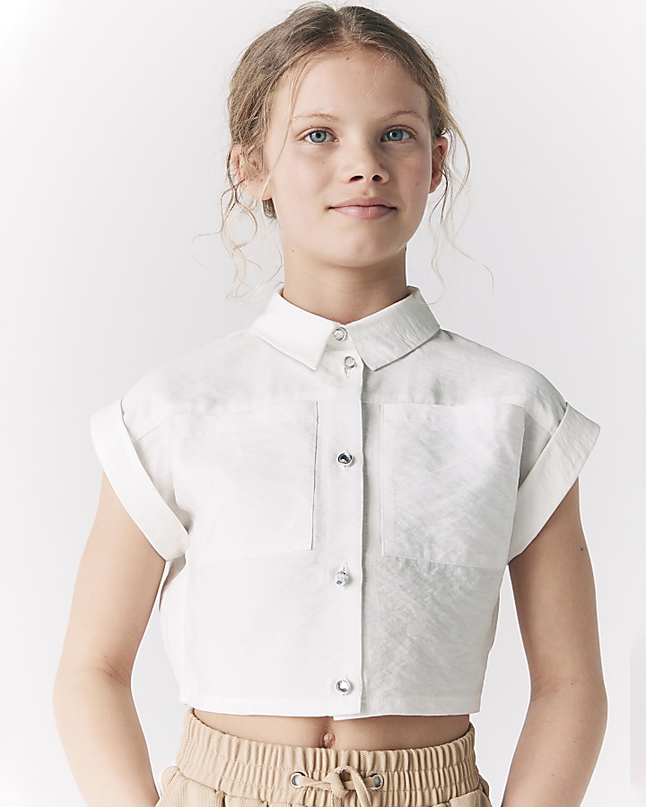 Girls white cropped button up shirt