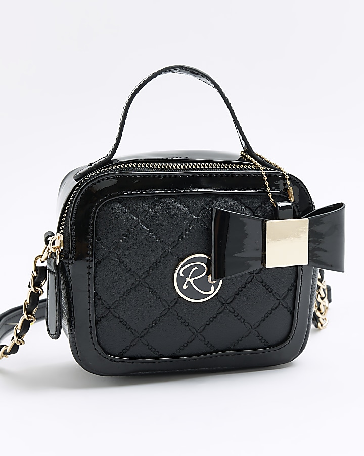Girls black quilted bow detail bag