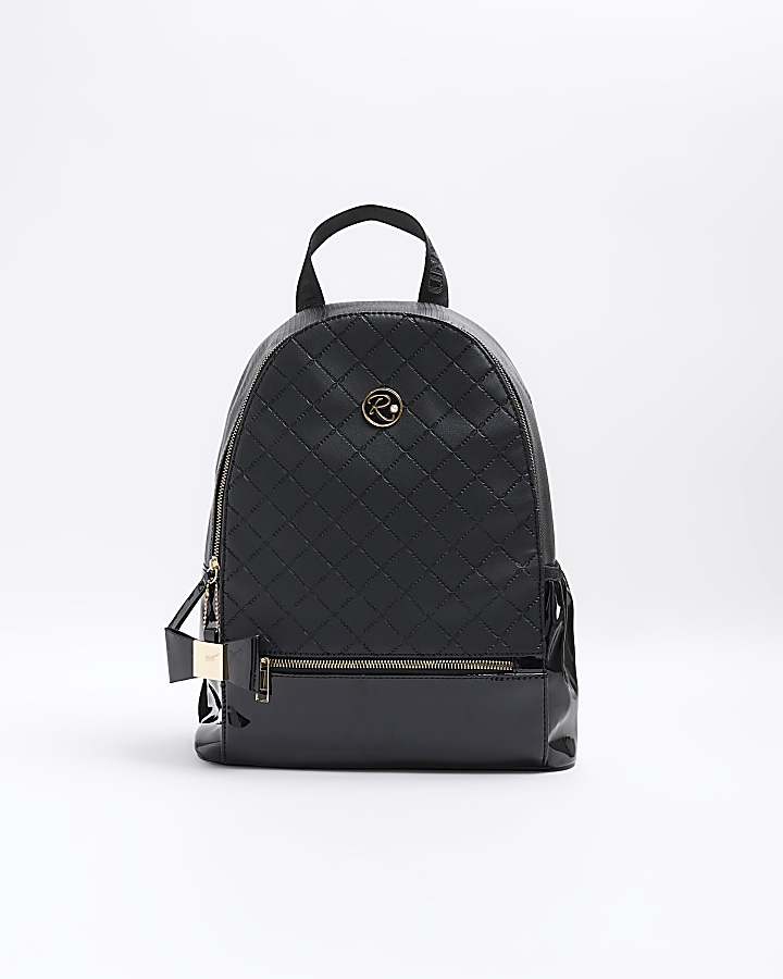 Girls black quilted bow detail backpack