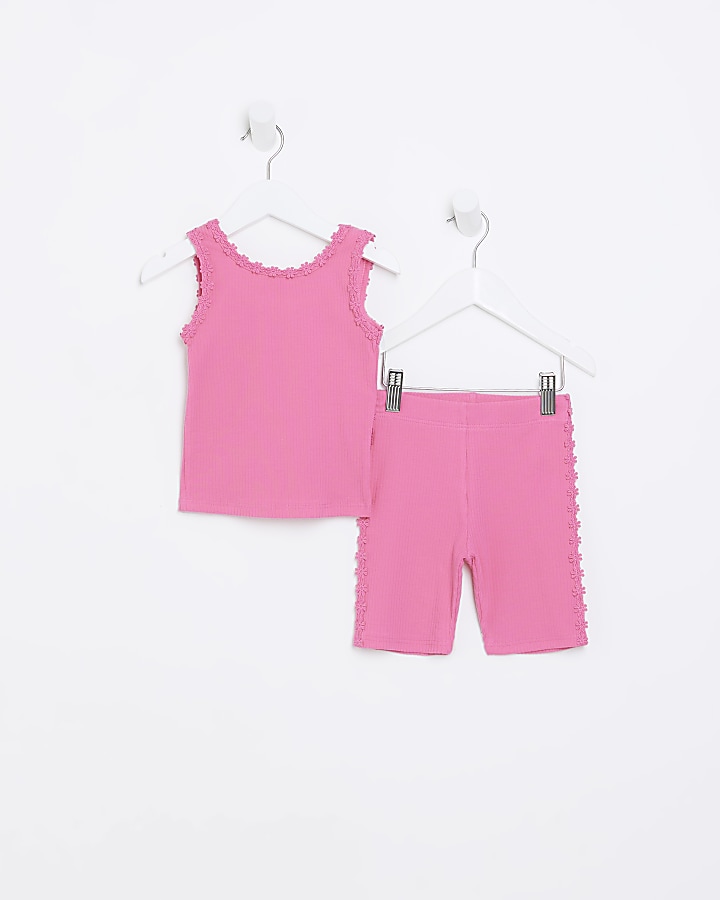 Mini girls pink flower trim vest set