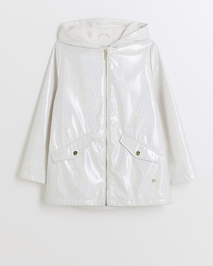 Girls white glitter hooded rain coat