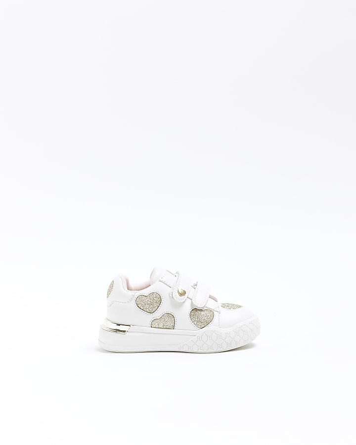 Mini girls White Glitter Heart trainers