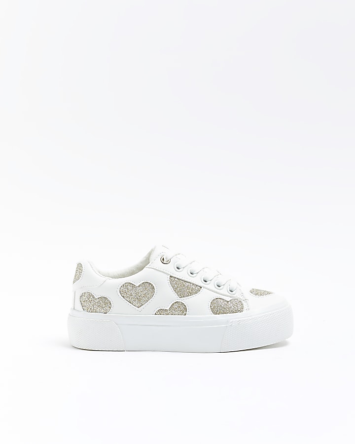 Girls white glitter heart trainers