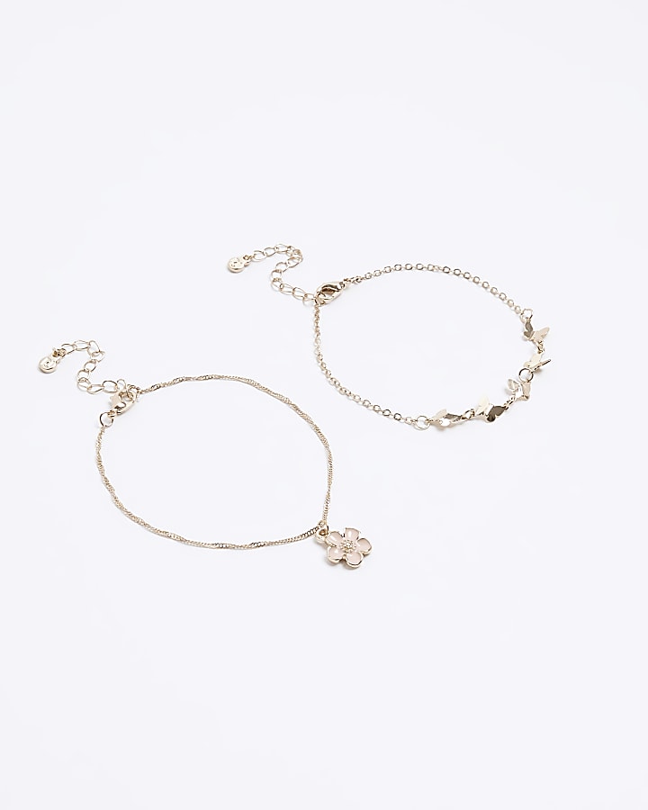 Gold butterfly flower anklet 2 pack