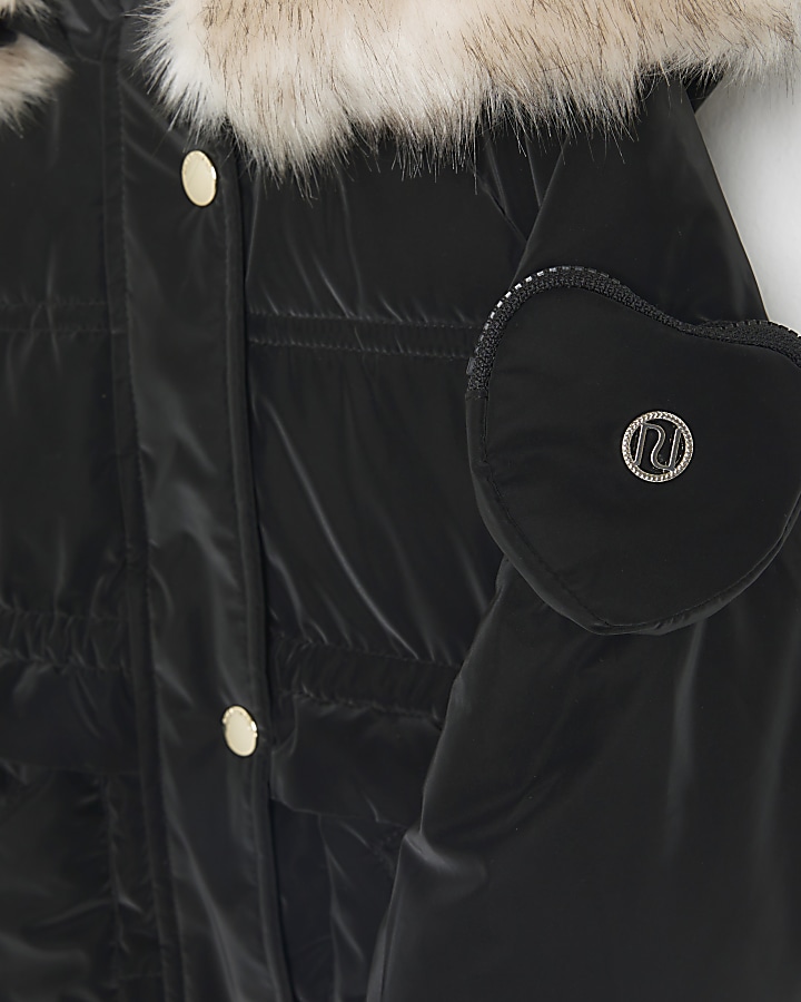 Mini girls black velvet look hooded coat River Island