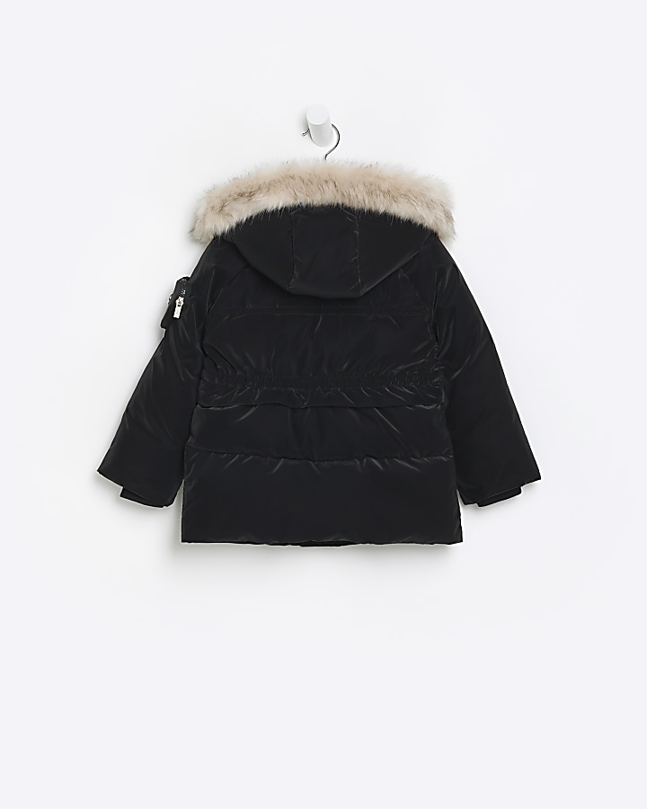 Mini girls black velvet look hooded coat