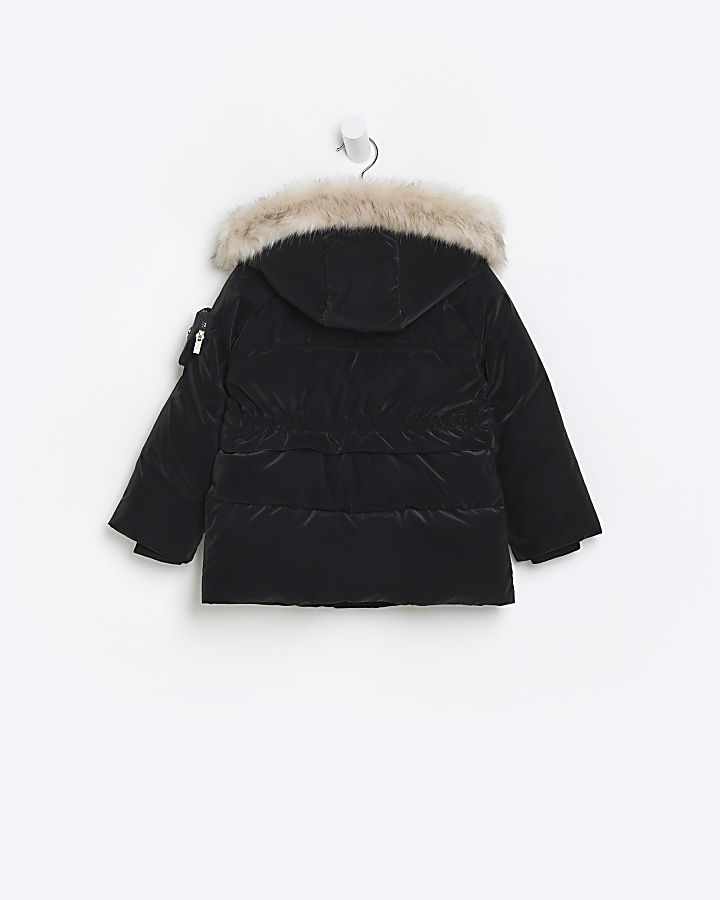 Mini girls black velvet look hooded coat River Island