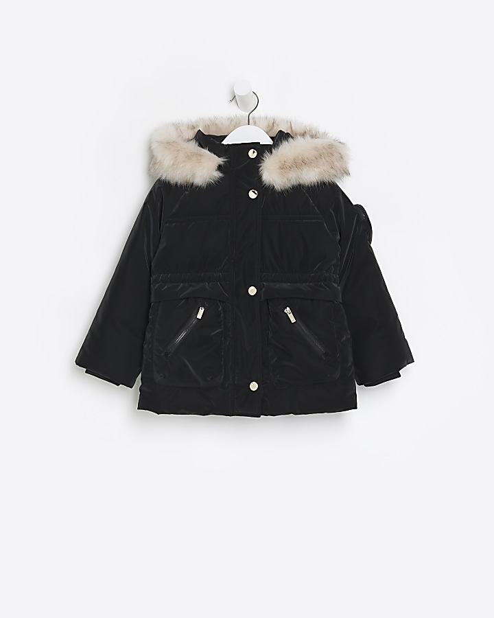 Mini girls black velvet look hooded coat