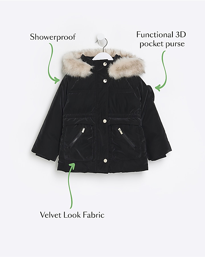 Mini girls black velvet look hooded coat River Island