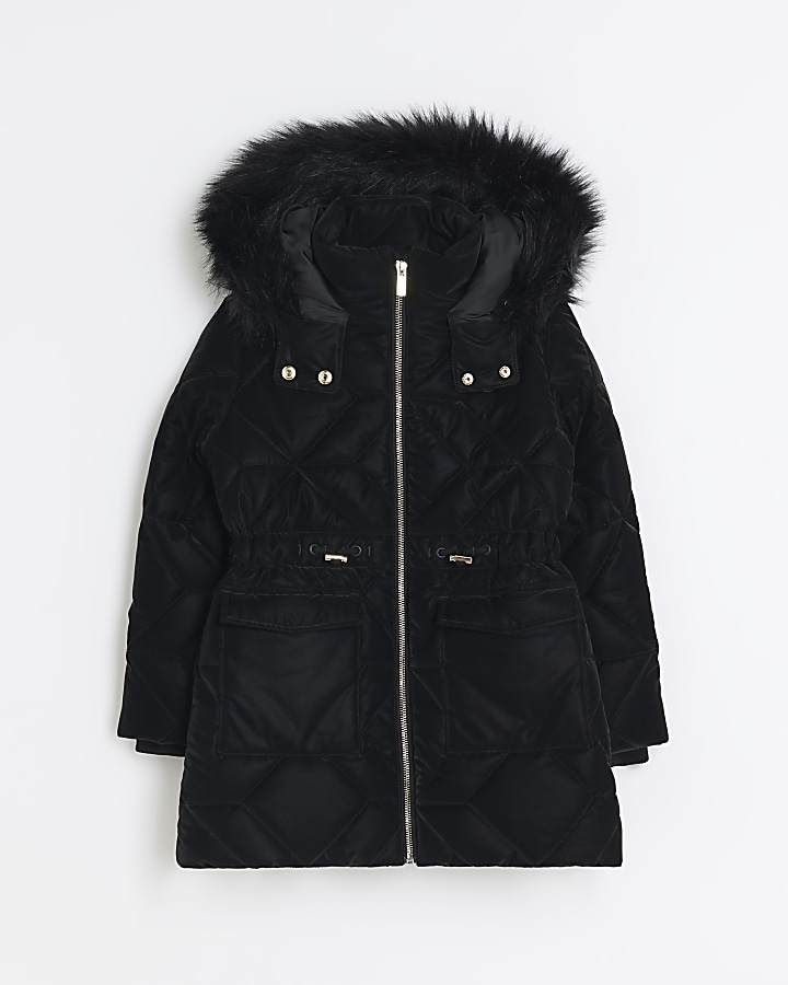 Girls black hooded glam shine padded coat