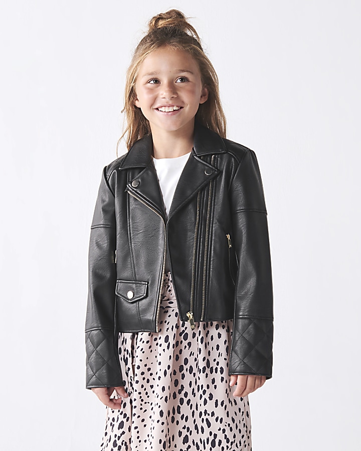 Girls black Pu double zip biker jacket | River Island