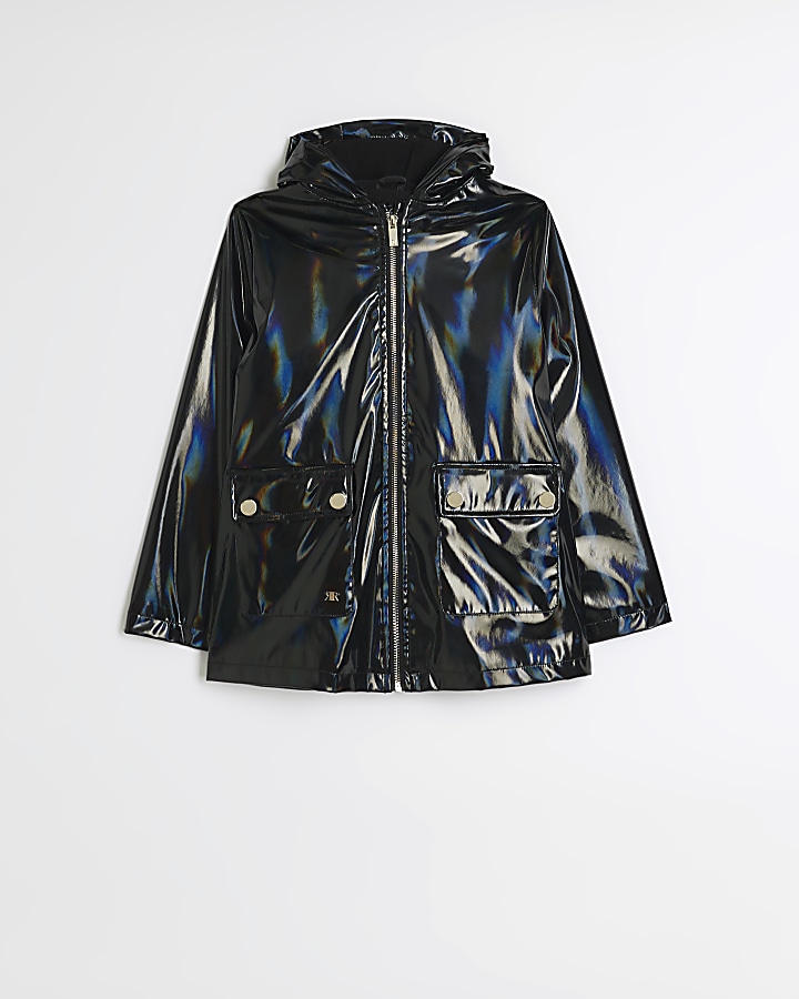 Girls black iridescent hooded rain coat
