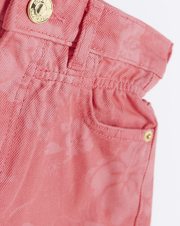 Girls pink floral print denim shorts