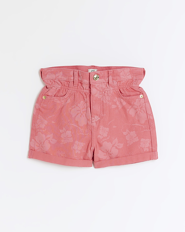 Girls pink floral print denim shorts