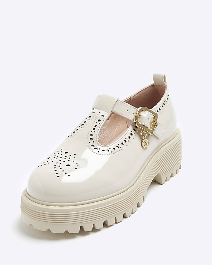 Girls cream wide fit mary jane heeled shoes