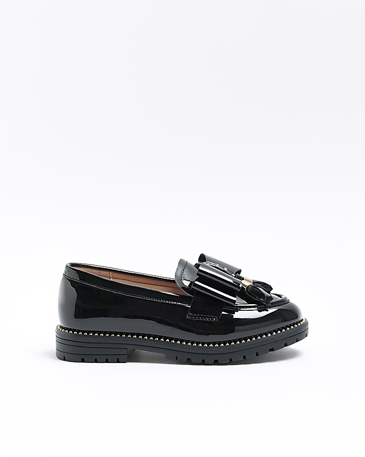 Girls black wide fit bow chunky loafers