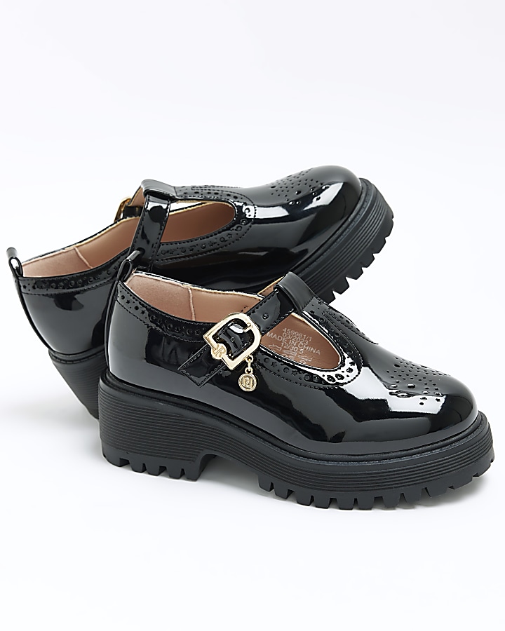 Girls black wide fit mary jane heeled shoes