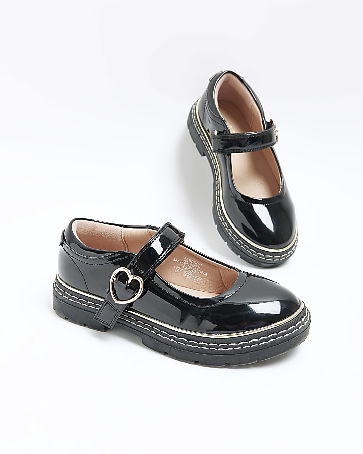 Girls Black Heart Buckle Mary Jane shoes